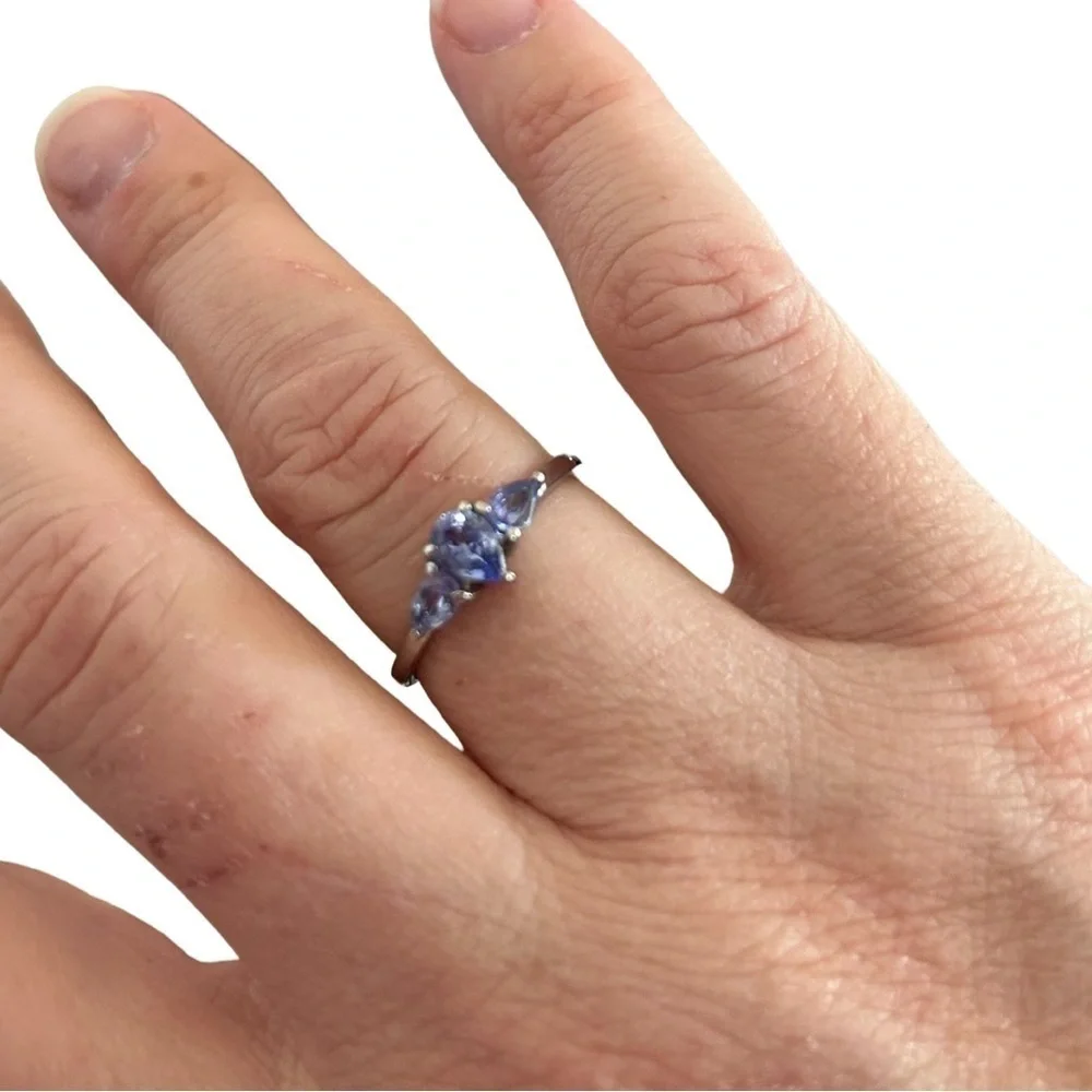 Genuine Teardrop 3 Stone Tanzanite Ring in Stainless Steel